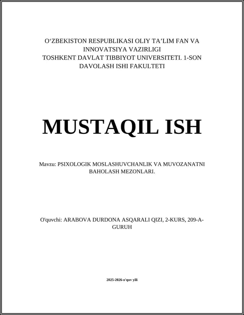 Psixologik Moslashuvchanlik va Muvozanatni Baholash Mezonlari