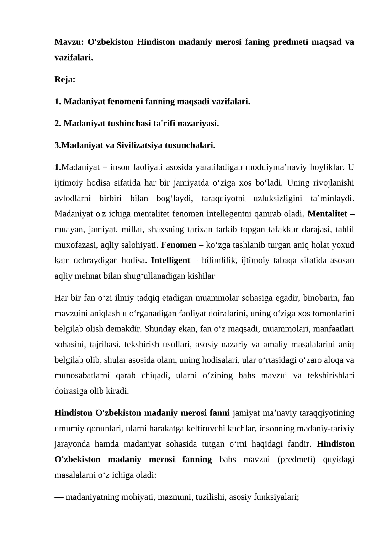 O'zbekiston Hindiston madaniy merosi faning predmeti maqsad va vazifalari
