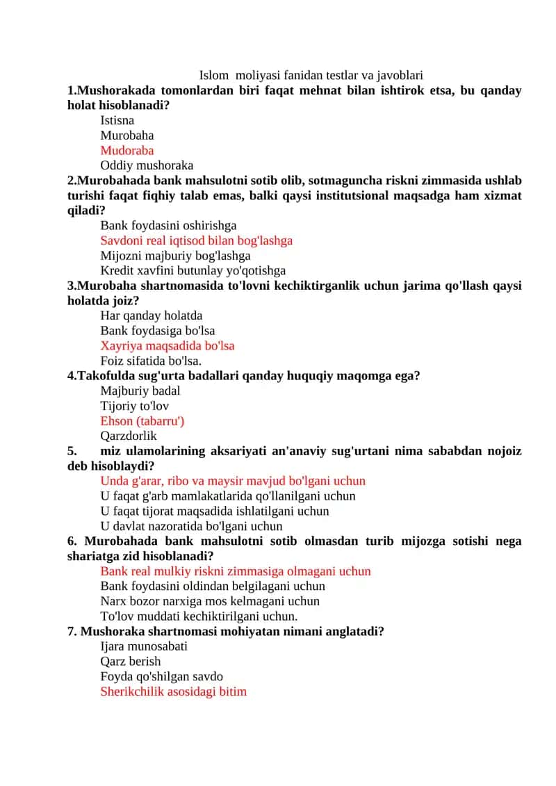 Islom moliyasi fanidan testlar va javoblari