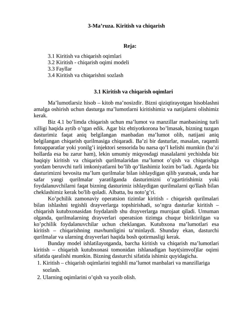 Ma’lumotlar bazasi kiritish- chiqarish