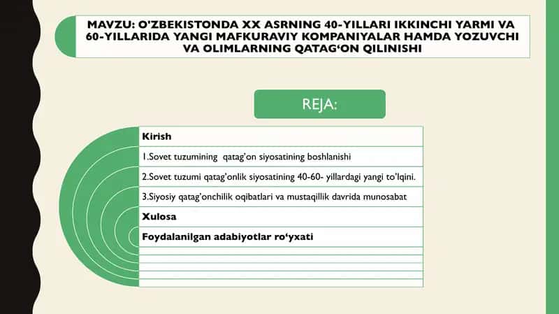 O'ZBEKISTONDA XX ASRNING 40-YILLARI IKKINCHI YARMI VA 60-YILLARIDA YANGI MAFKURAVIY KOMPANIYALAR HAMDA YOZUVCHI VA OLIMLARNING QATAG`ON QILINISHI