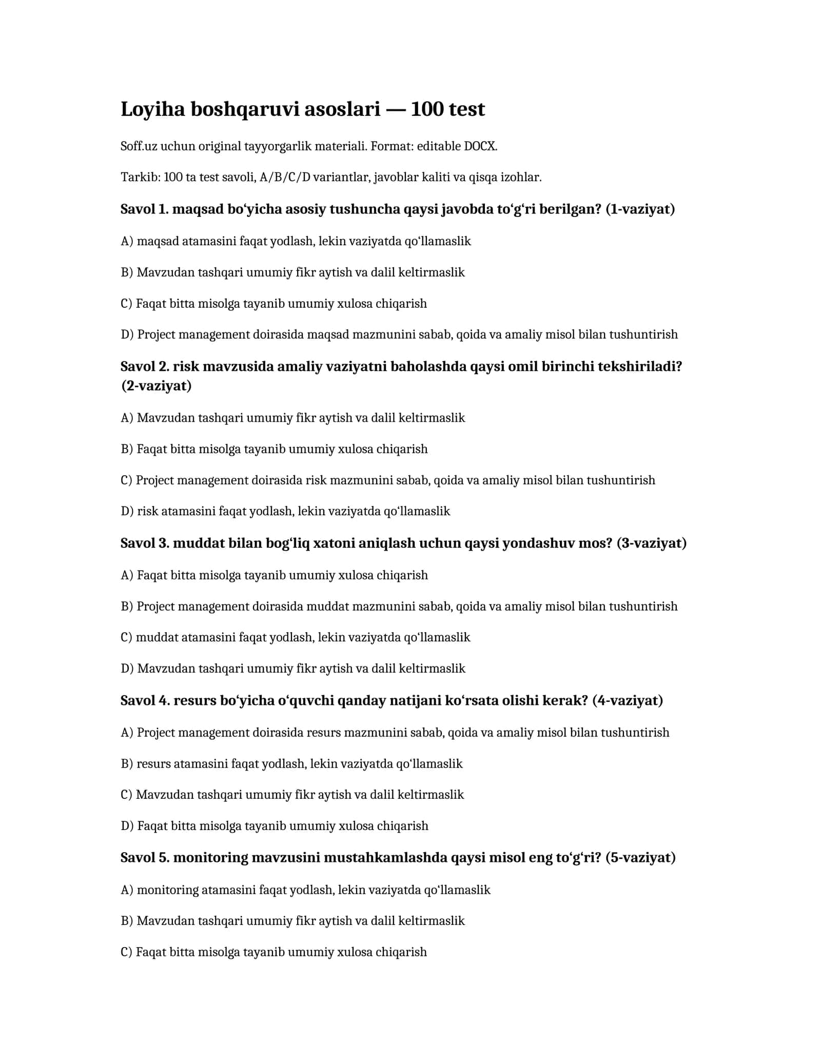 Loyiha boshqaruvi asoslari — 100 test