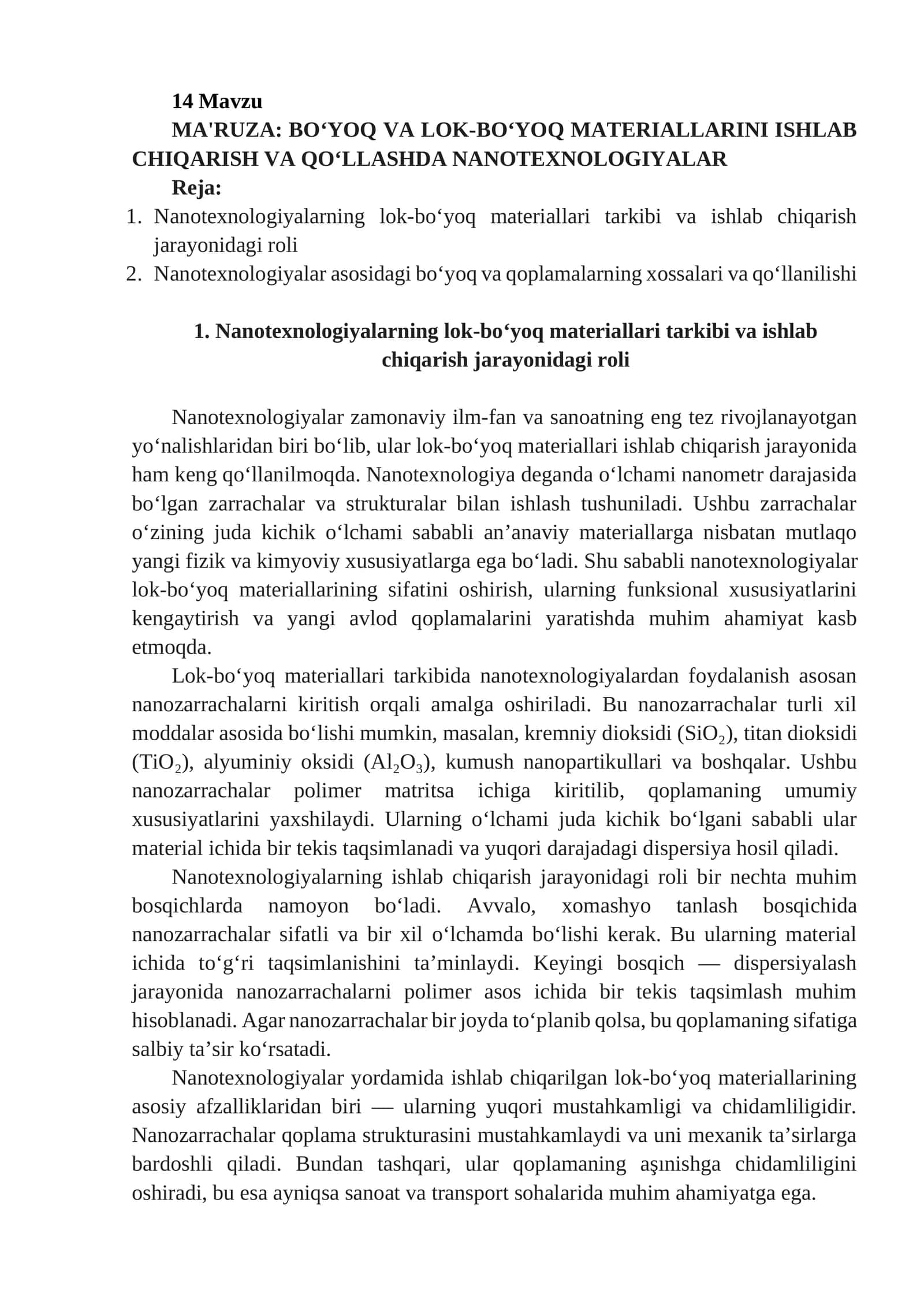 MA'RUZA: BO‘YOQ VA LOK-BO‘YOQ MATERIALLARINI ISHLAB CHIQARISH VA QO‘LLASHDA NANOTEXNOLOGIYALAR