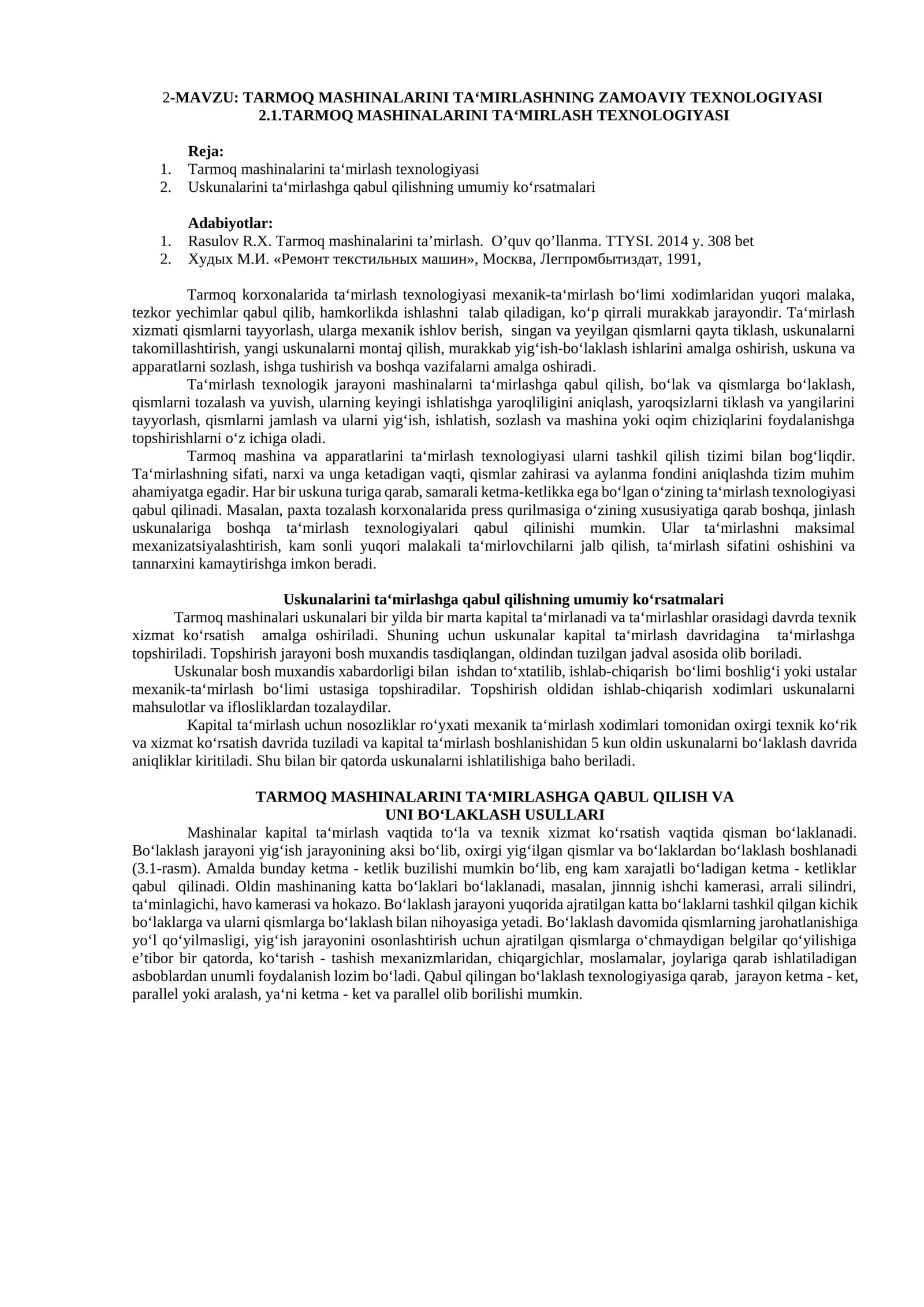 Tarmoq mashinalarini ta‘mirlashNING ZAMOAVIY texnologiyasi TARMOQ MASHINALARINI TA‘MIRLASH TEXNOLOGIYASI