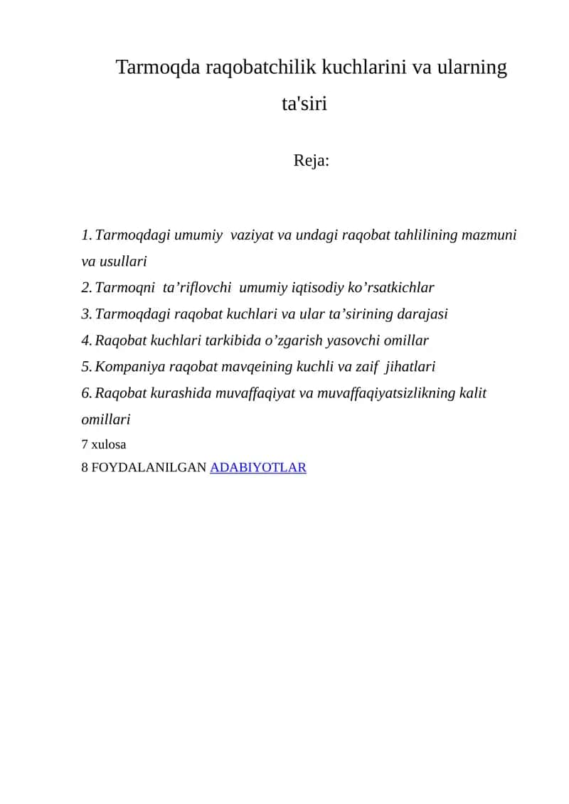 Tarmoqda raqobatchilik kuchlarini va ularning ta'siri