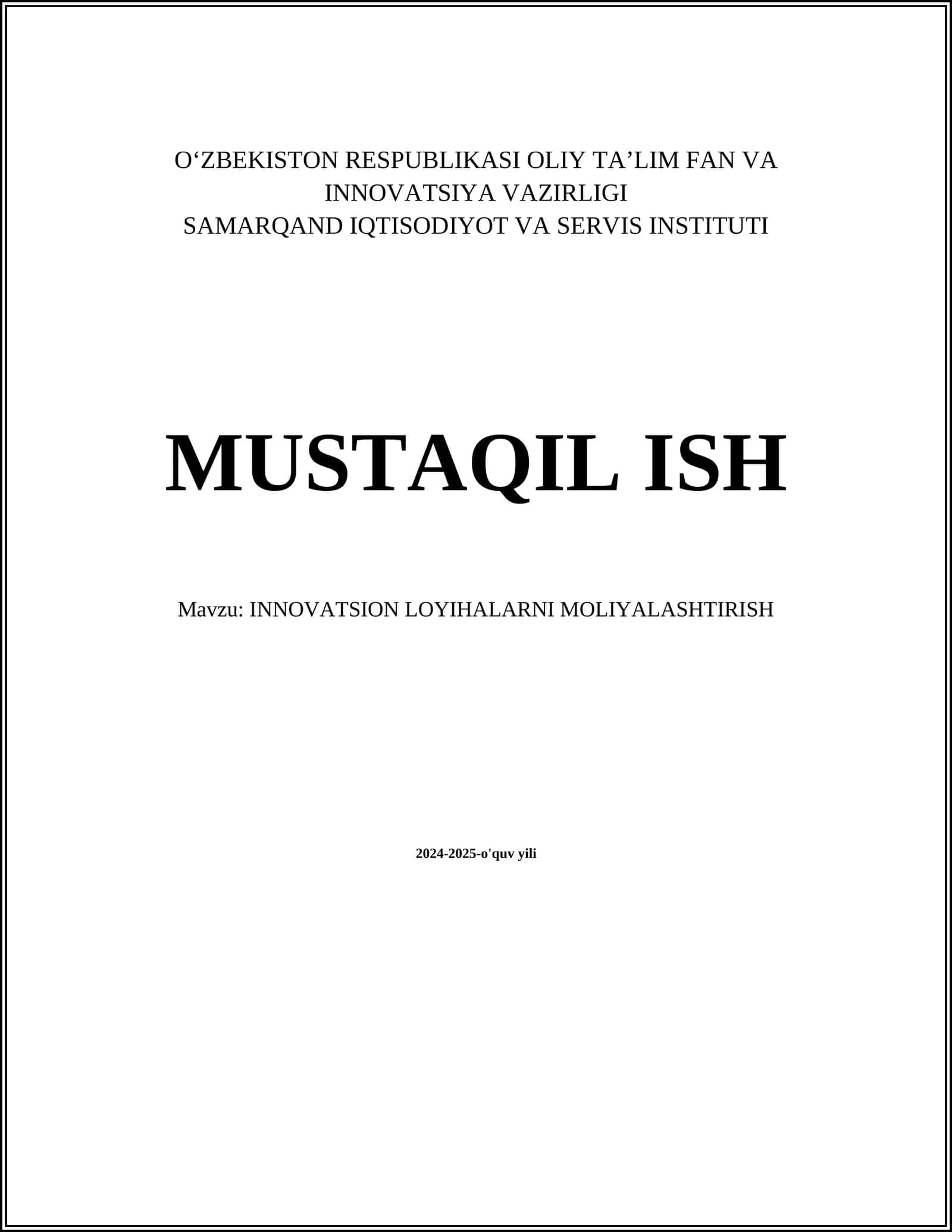 INNOVATSION LOYIHALARNI MOLIYALASHTIRISH