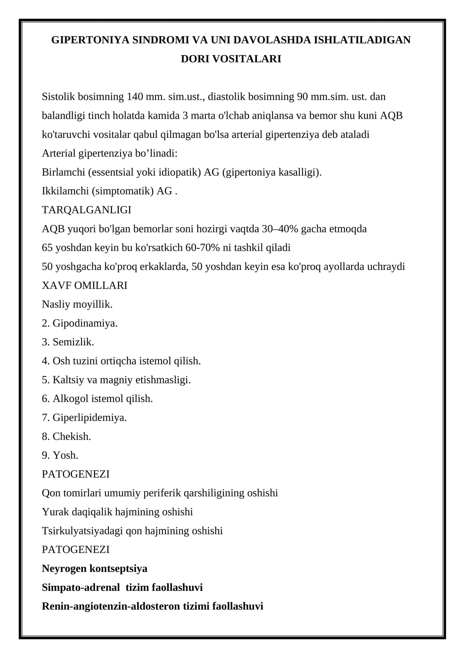 GIPERTONIYA SINDROMI VA UNI DAVOLASHDA ISHLATILADIGAN DORI VOSITALARI