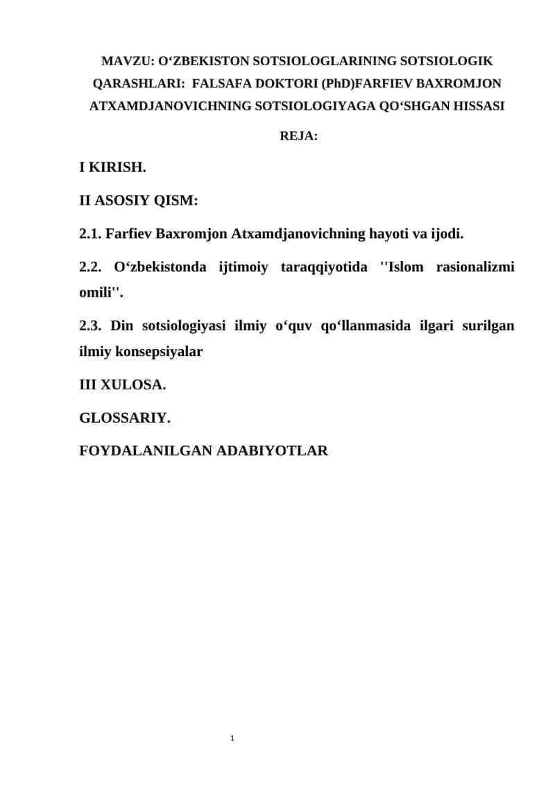 OʻZBEKISTON SOTSIOLOGLARINING SOTSIOLOGIK QARASHLARI: FALSAFA DOKTORI (PhD)FARFIEV BAXROMJON ATXAMDJANOVICHNING SOTSIOLOGIYAGA QOʻSHGAN HISSASI