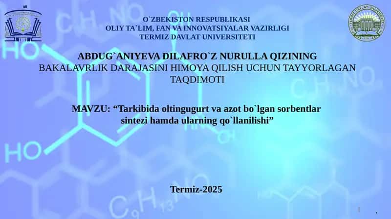 Tarkibida oltingugurt va azot bo`lgan sorbentlar  sintezi hamda ularning qo`llanilishi
