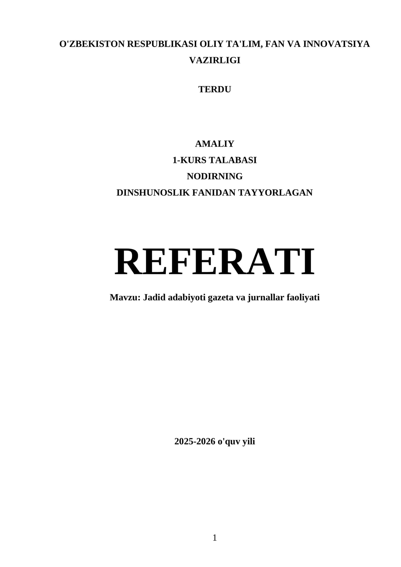 NODIRNING DINSHUNOSLIK FANIDAN TAYYORLAGAN REFERATI