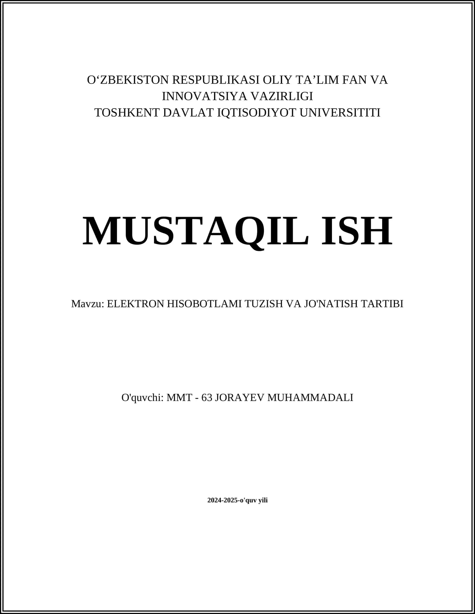ELEKTRON HISOBOTLAMI TUZISH VA JO'NATISH TARTIBI
