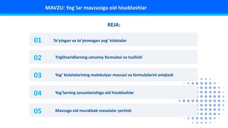 Yog`lar mavzusiga oid hisoblashlar