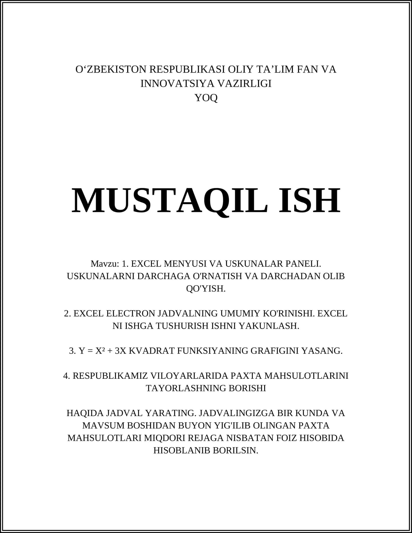EXCEL MENYUSI VA USKUNALAR PANELI. USKUNALARNI DARCHAGA O'RNATISH VA DARCHADAN OLIB QO'YISH