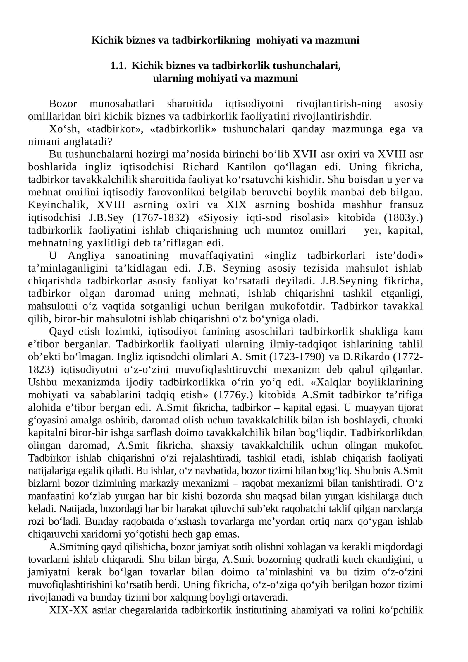 Kichik biznes va tadbirkorlikning mohiyati va mazmuni