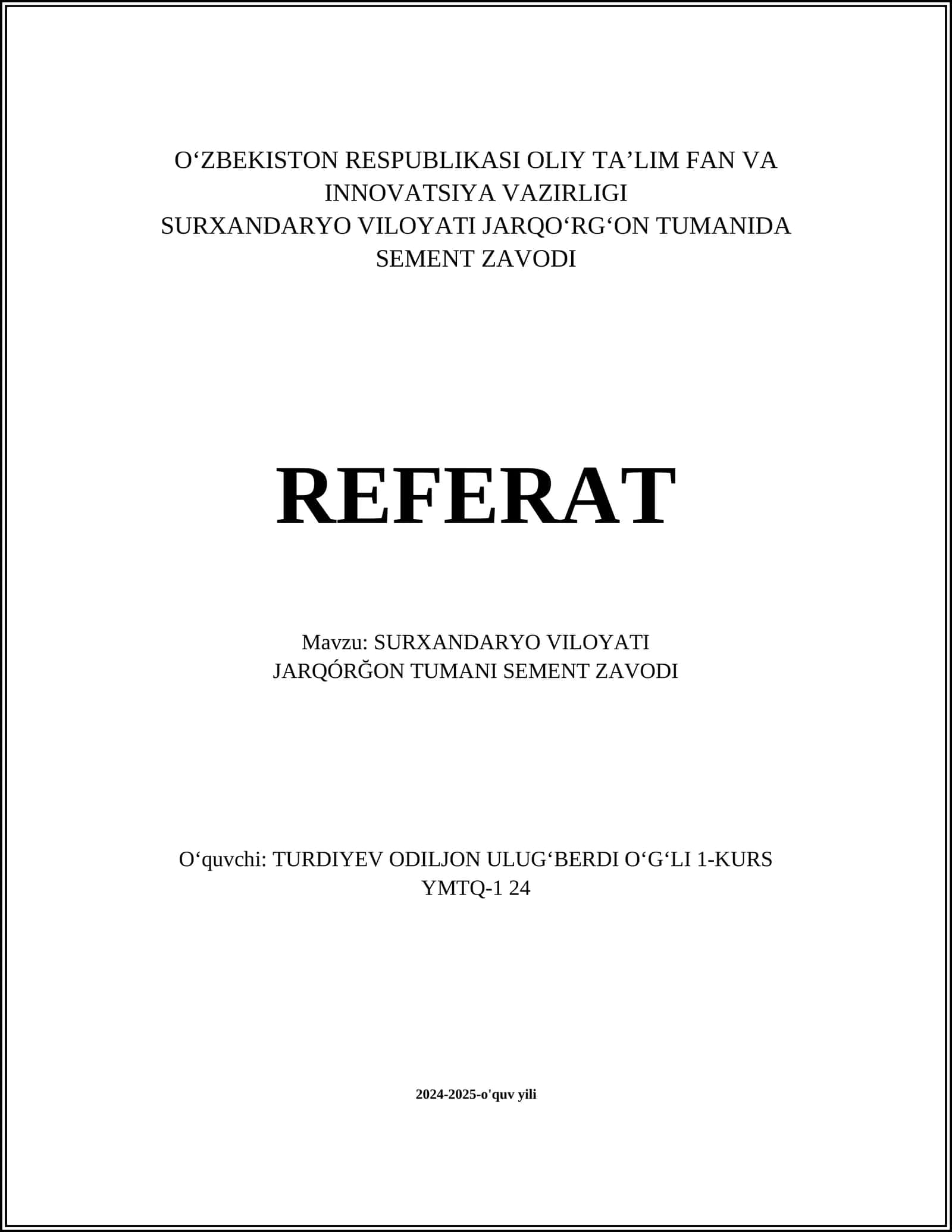 Jarqo'rg'on Tumani Sement Zavodi Referat