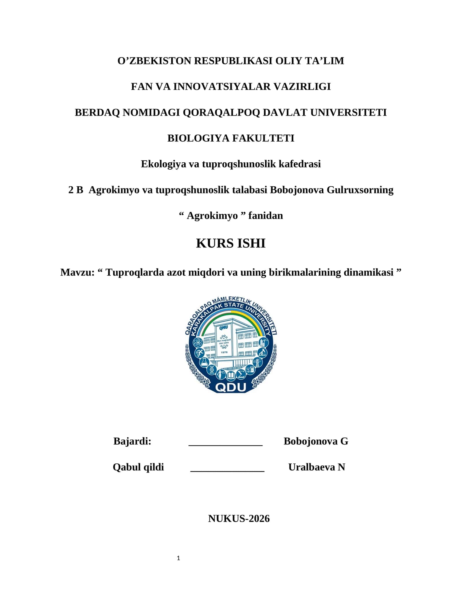Tuproqlarda azot miqdori va uning birikmalarining dinamikasi