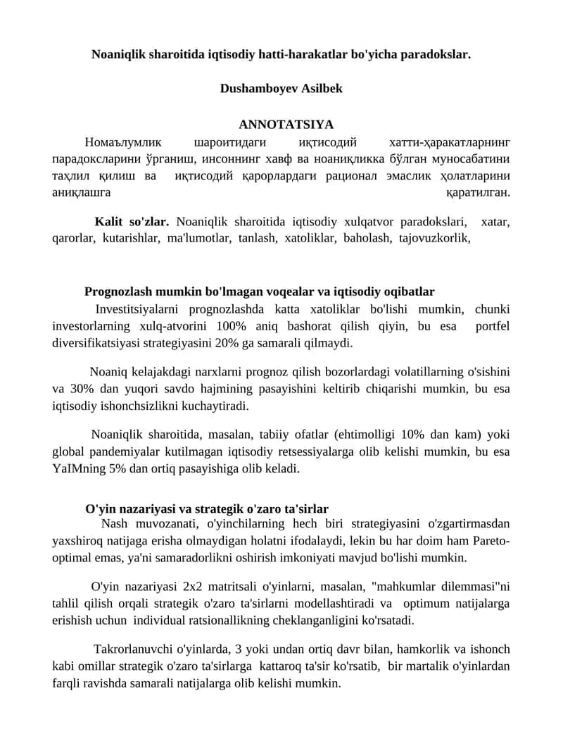 Noaniqlik sharoitida iqtisodiy hatti-harakatlar bo'yicha paradokslar