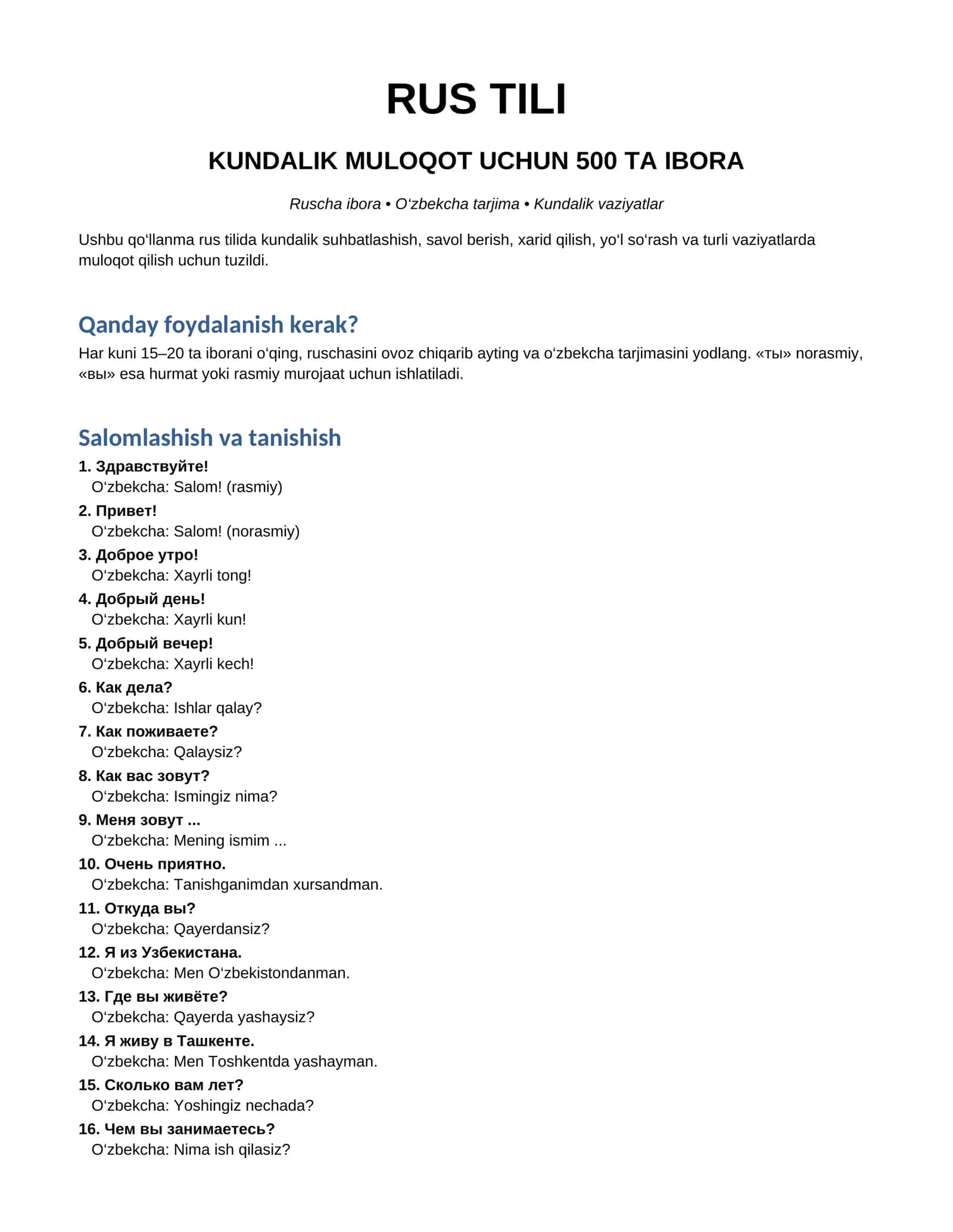 RUS TILI KUNDALIK MULOQOT UCHUN 500 TA IBORAt