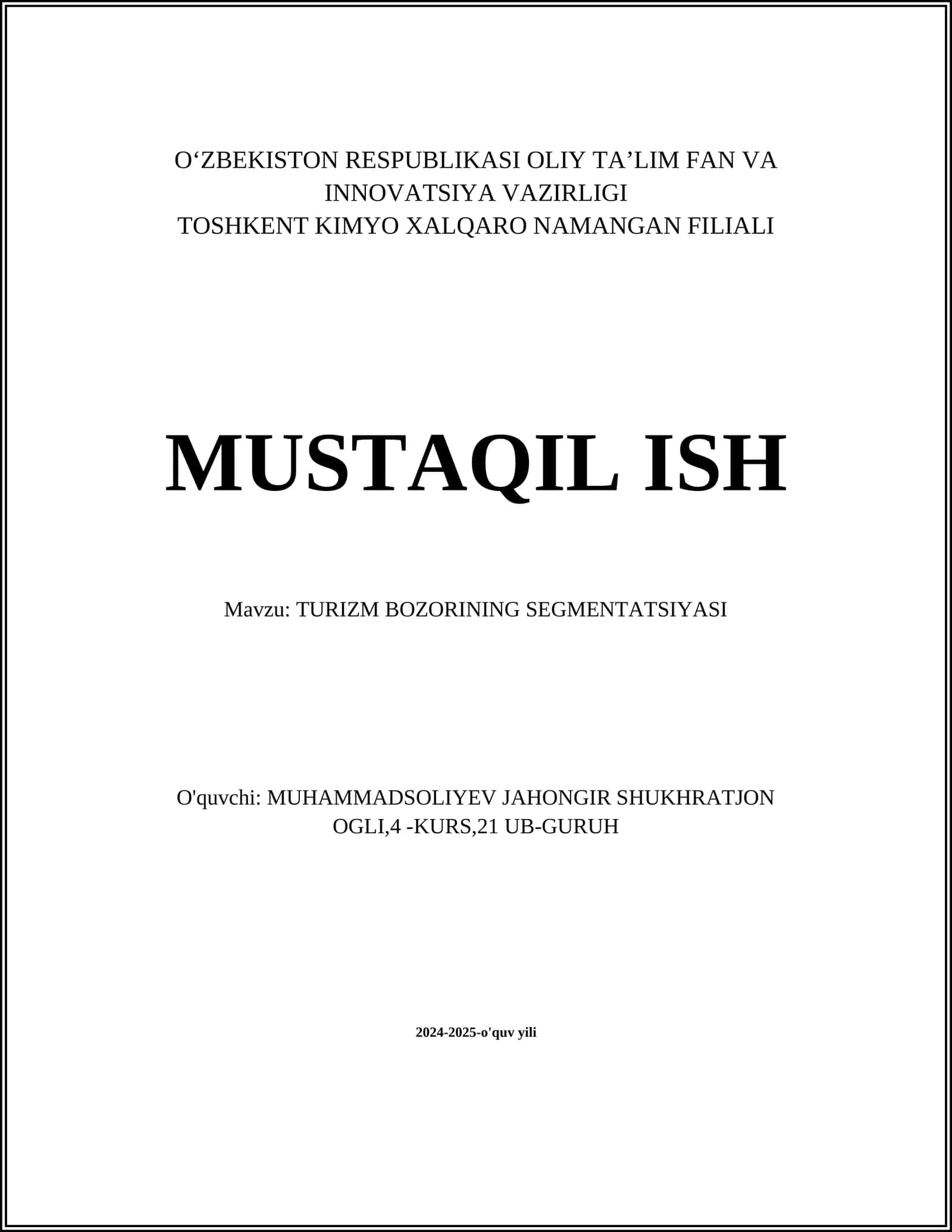 TURIZM BOZORINING SEGMENTATSIYASI