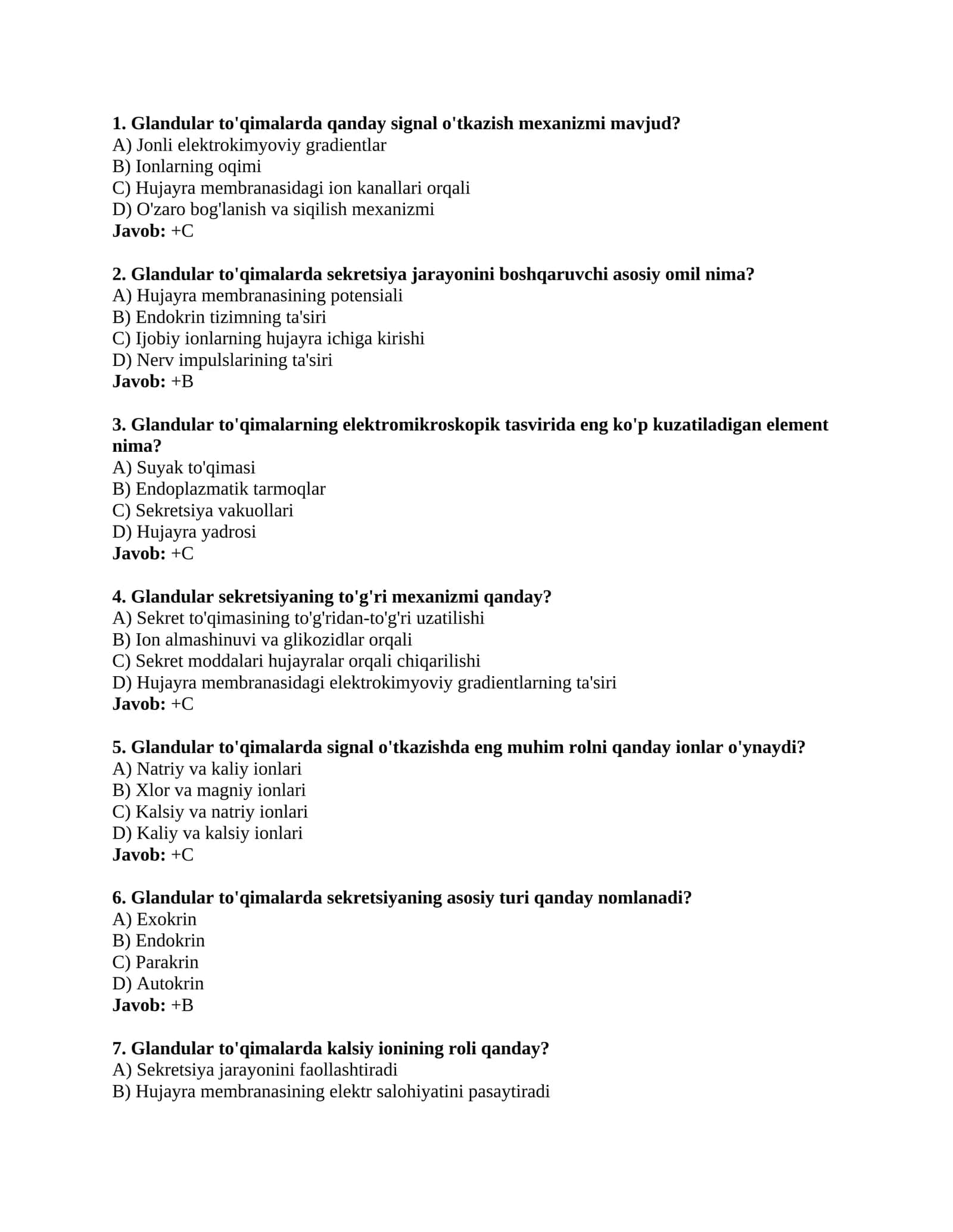 Glandular to'qimalar haqida test savollar