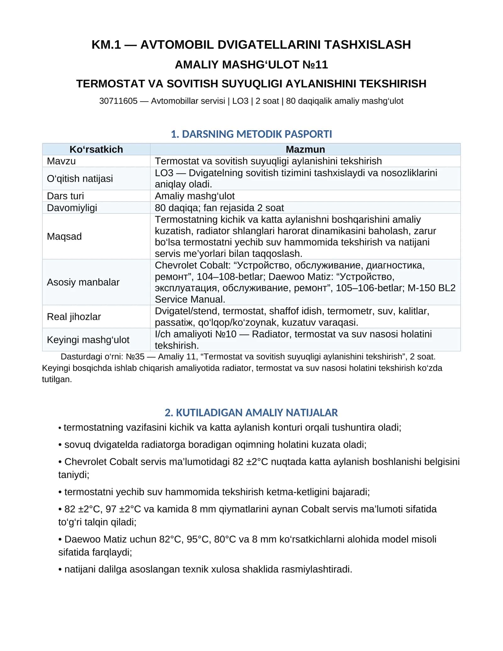 TERMOSTAT VA SOVITISH SUYUQLIGI AYLANISHINI TEKSHIRISH