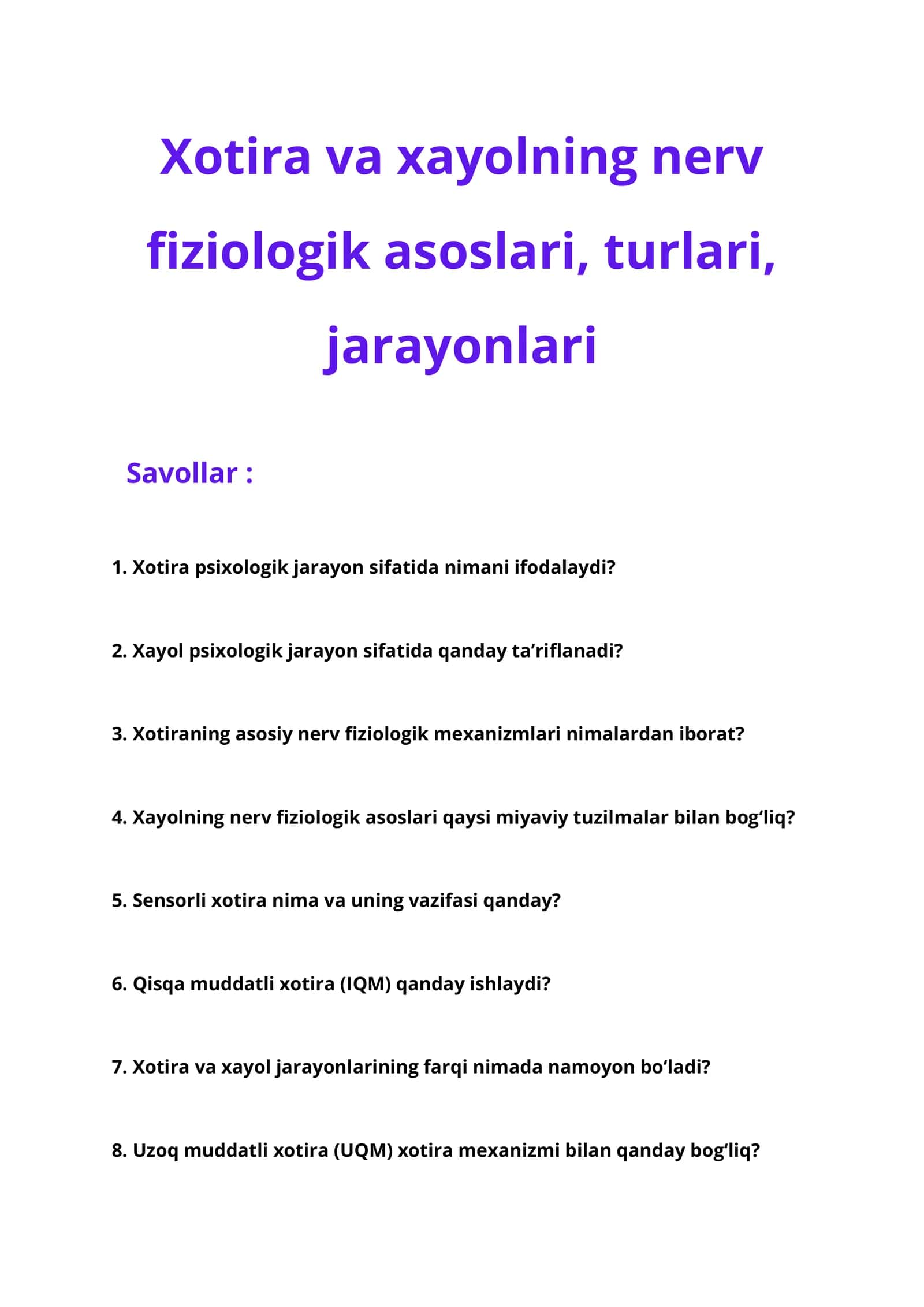 Xotira va Xayolning nerv fiziologik asoslari