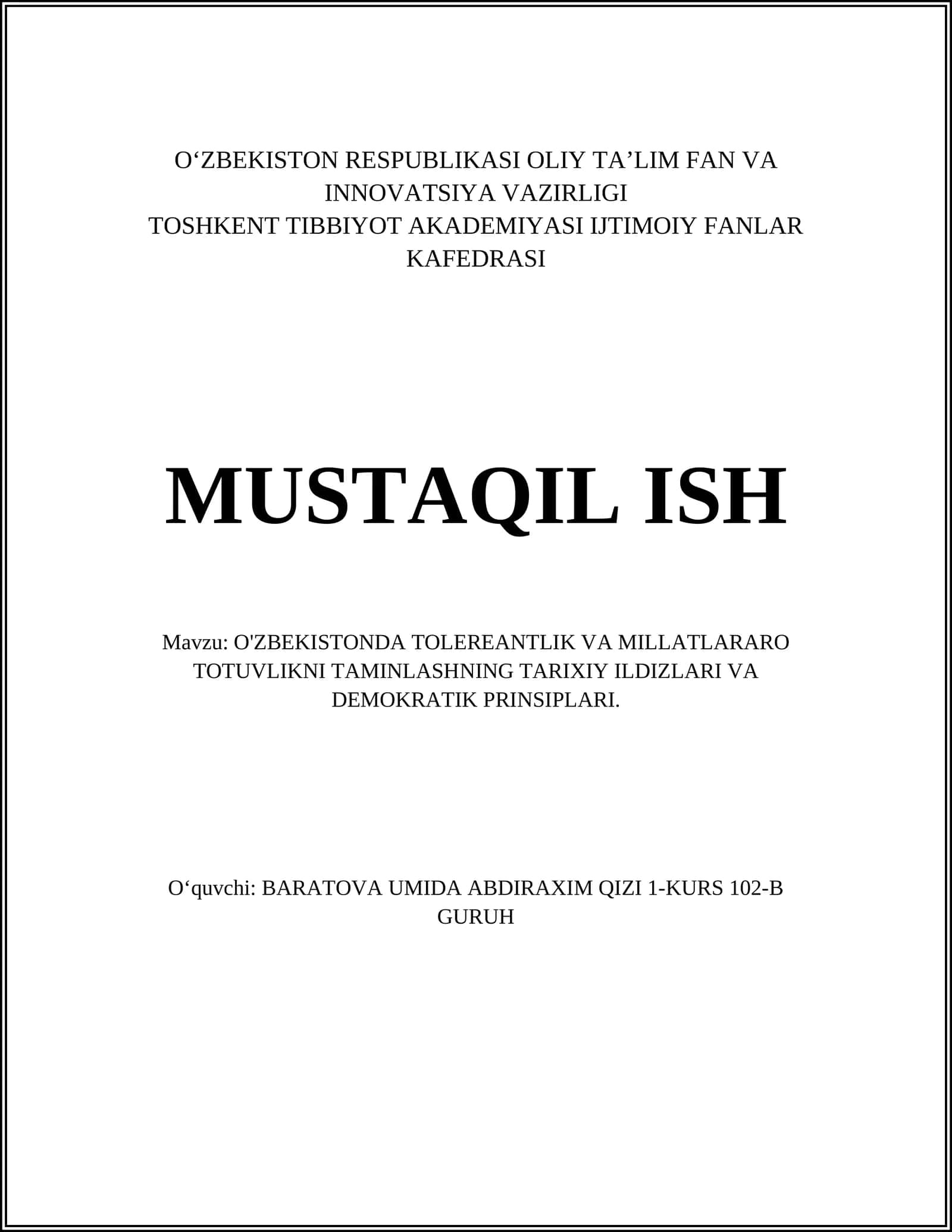 O'ZBEKISTONDA TOLEREANTLIK VA MILLATLARARO TOTUVLIKNI TAMINLASHNING TARIXIY ILDIZLARI VA DEMOKRATIK PRINSIPLARI