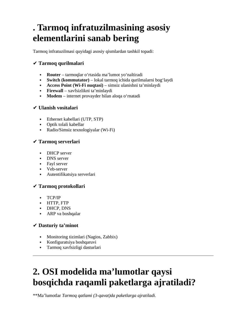 Tarmoq infratuzilmasi elementlari