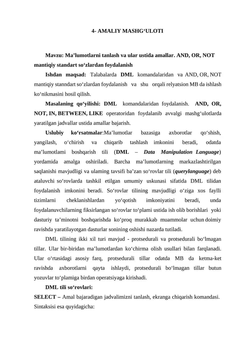 Maʼlumotlar bazasida and,or,not amallarida ishlash