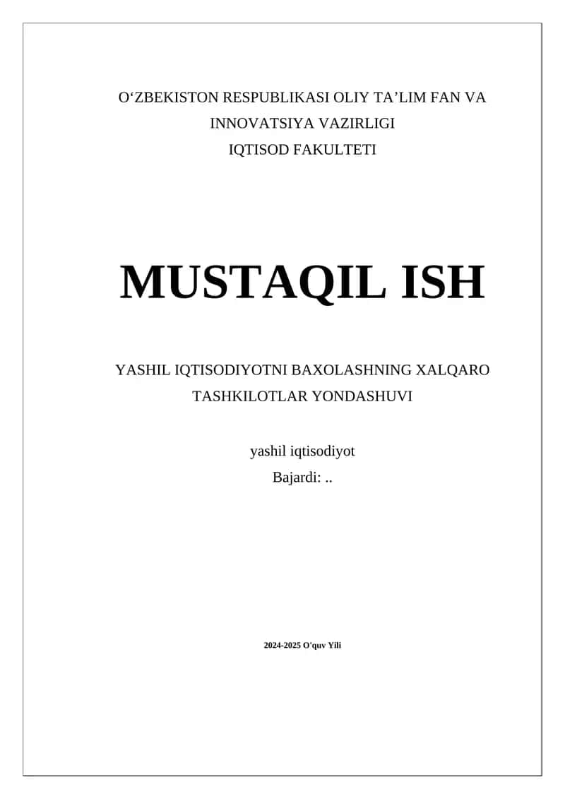 Yashil iqtisodiyotni baxolashning xalqaro tashkilotlar yondashuvi