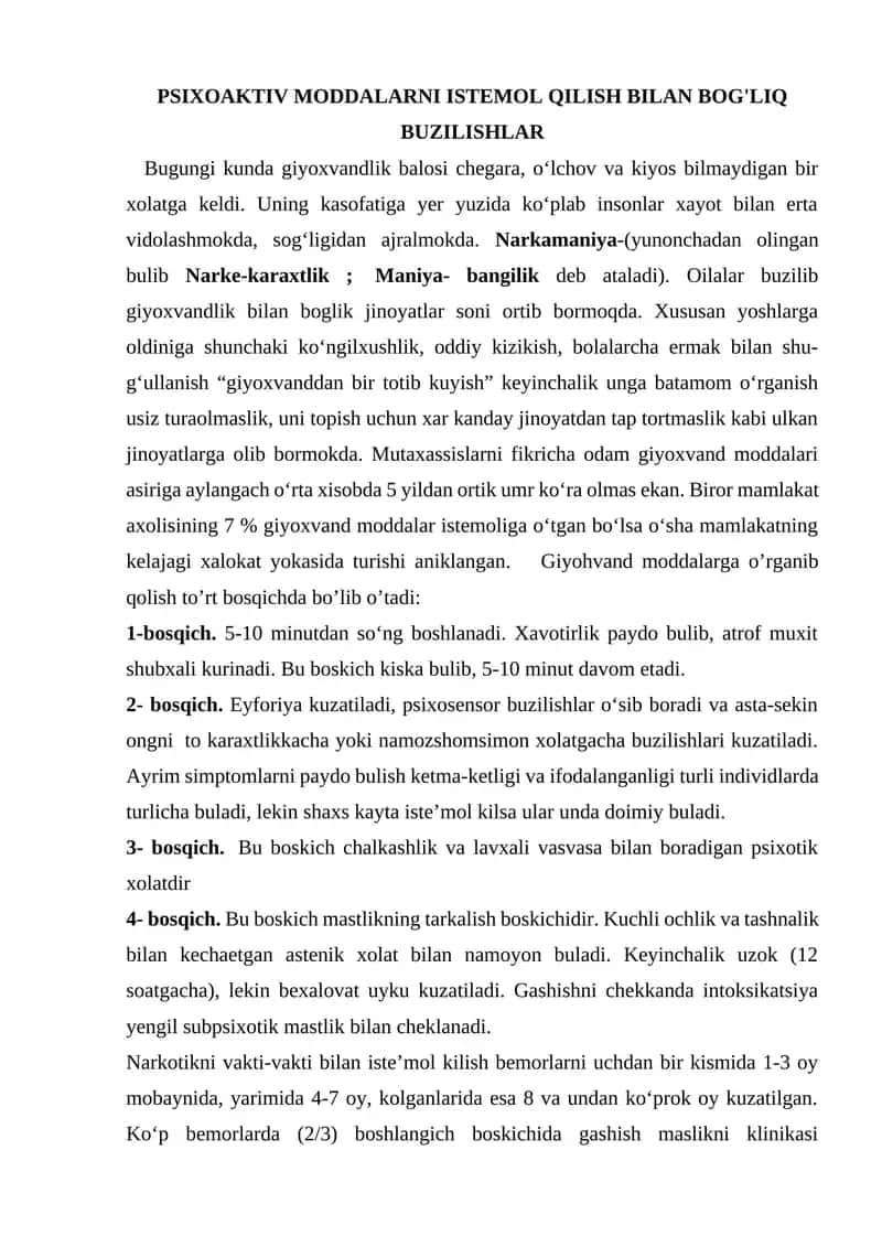 Psixoaktiv moddalarni istemol qilish bilan bog'liq buzişlar