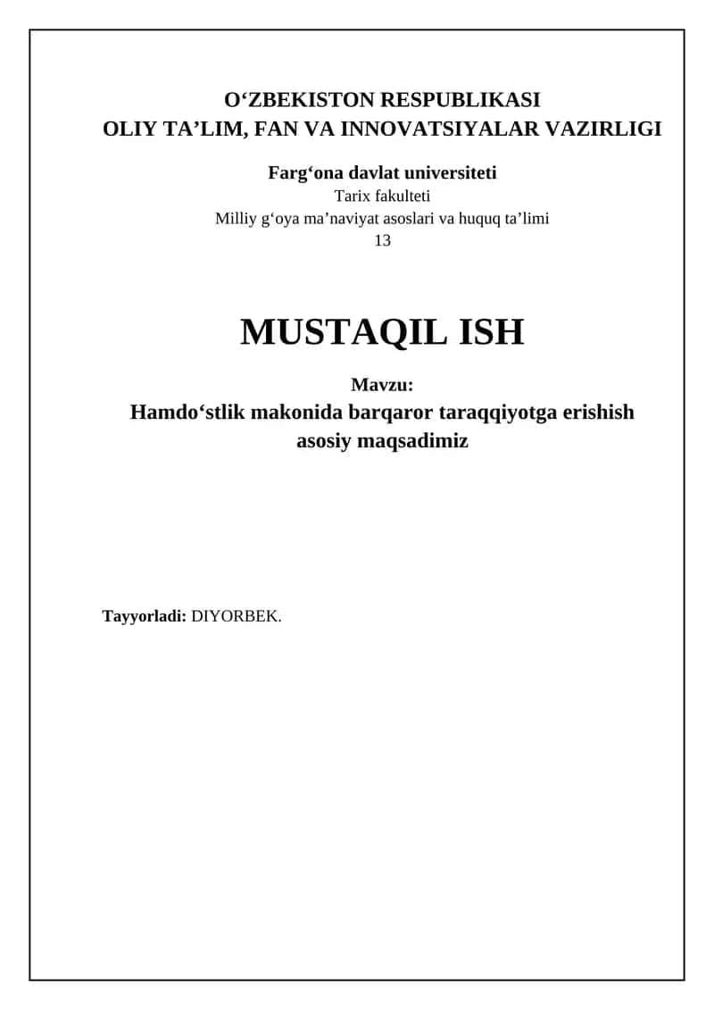 Hamdo'stlik Makonida Barqaror Rivojlanish