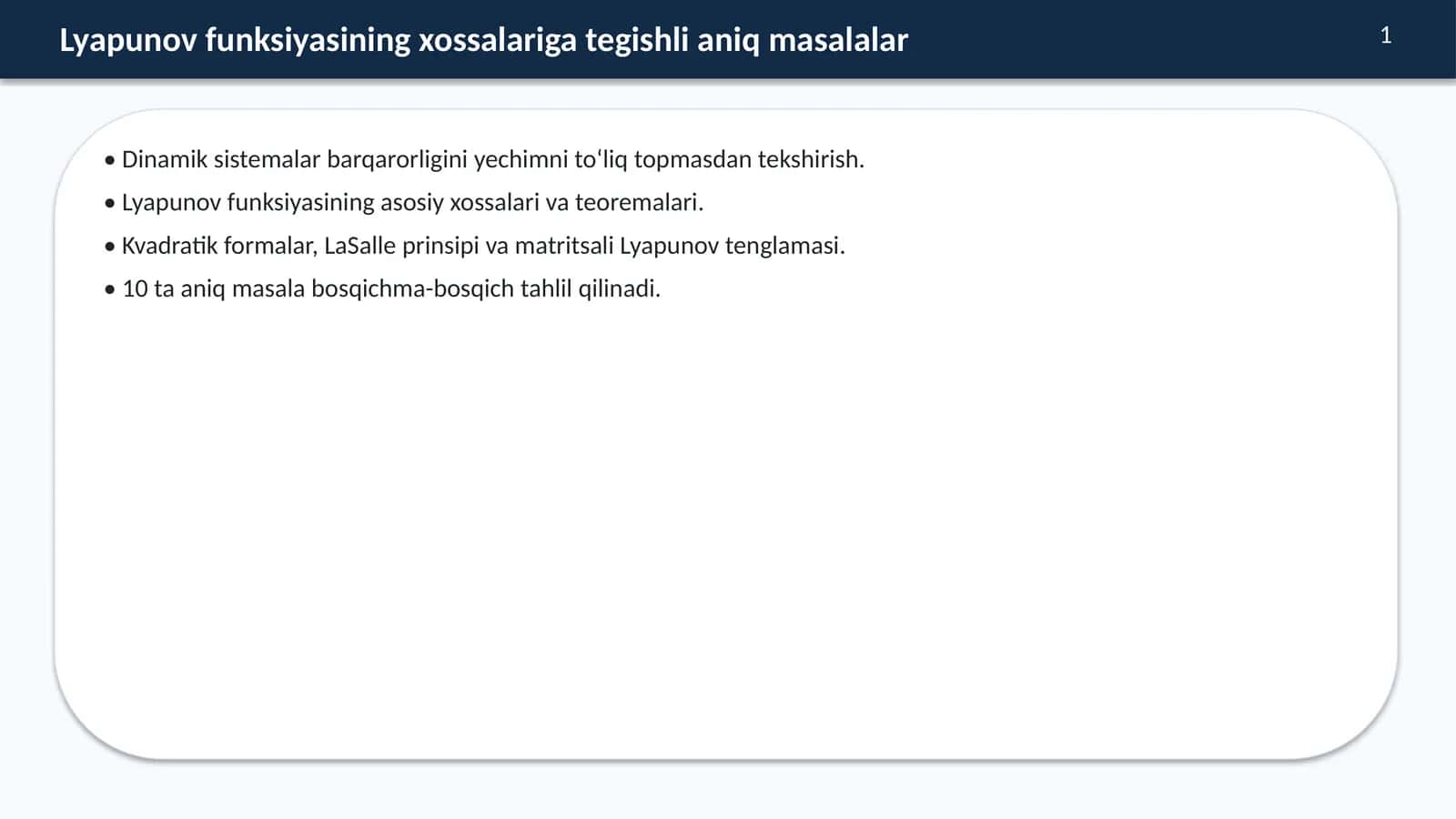 Lyapunov funksiyasining xossalariga tegishli aniq masalalar