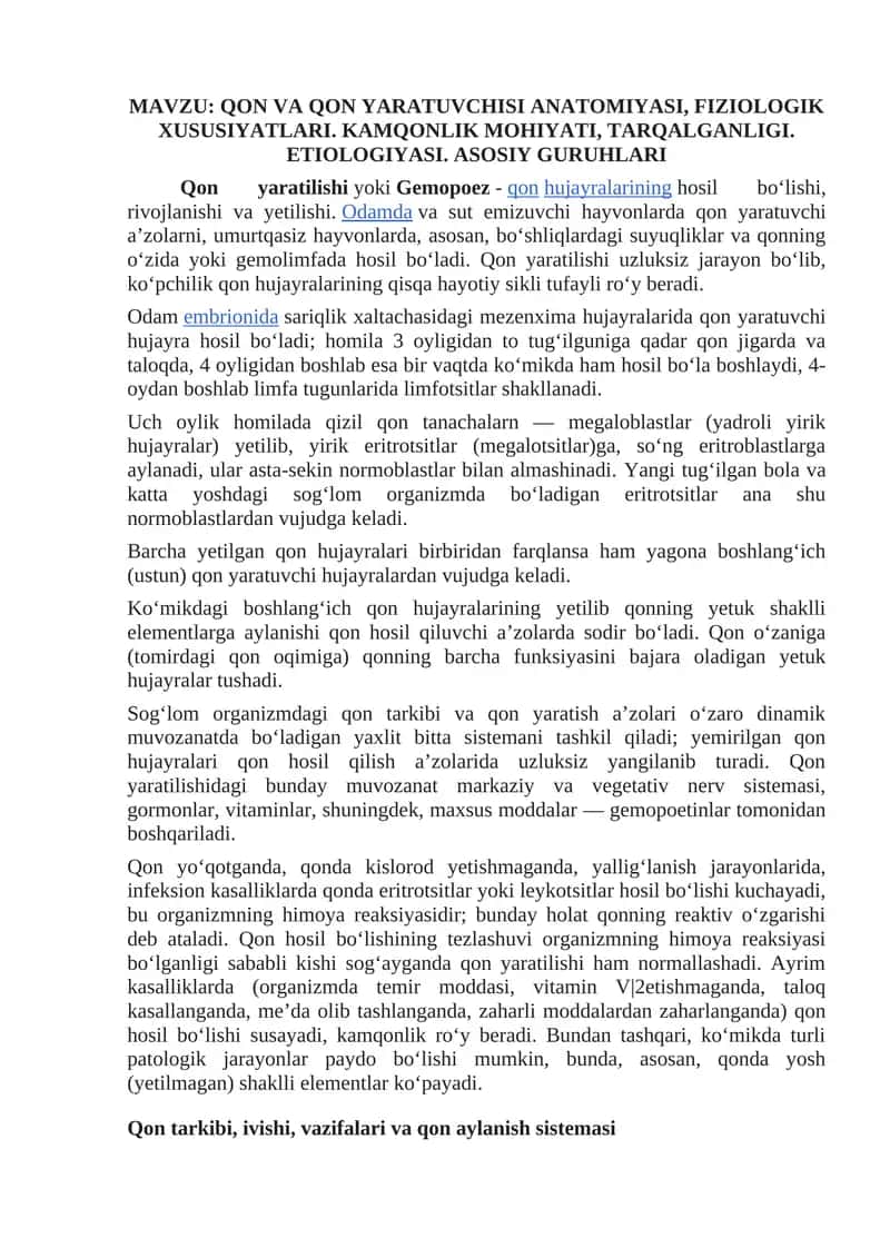 Qon va Qon Yaratuvcisi Anatomiyasi, Fiziologik Xususiyatlari