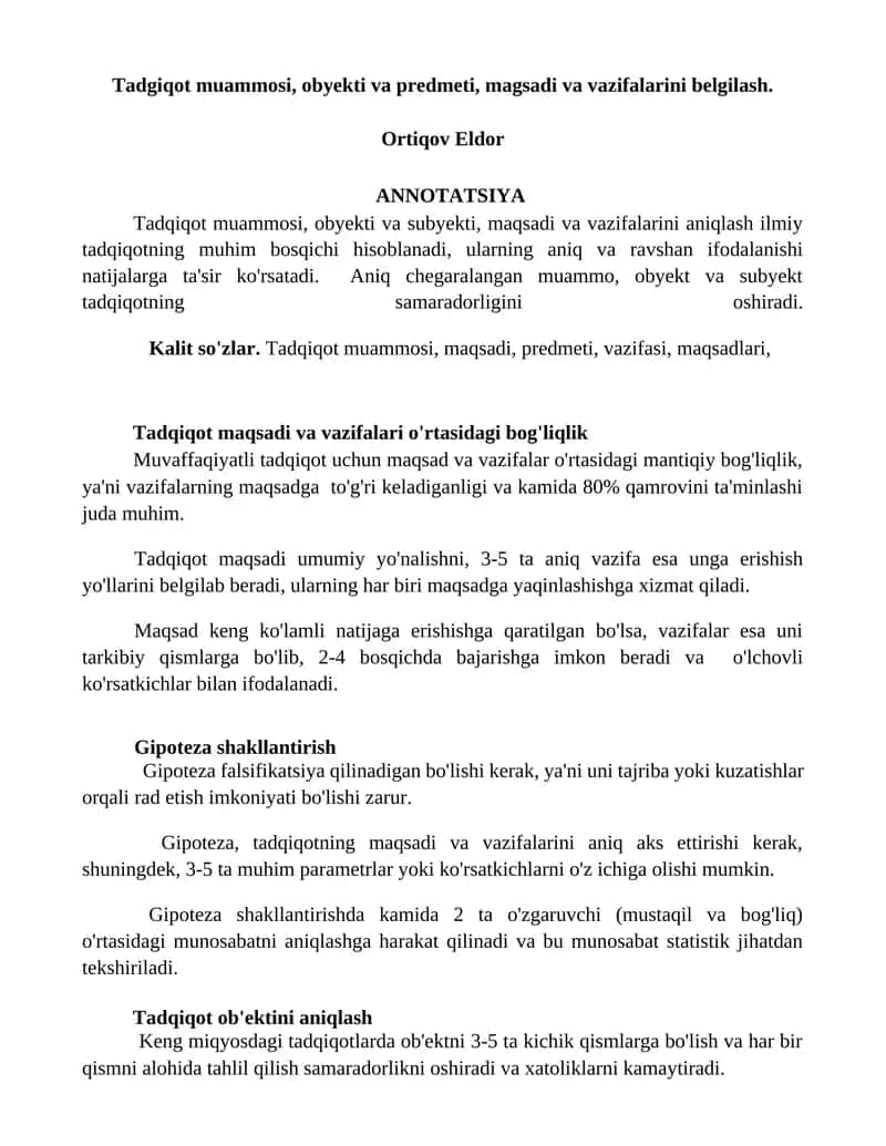 Tadqiqotning maqsadi va vazifalari