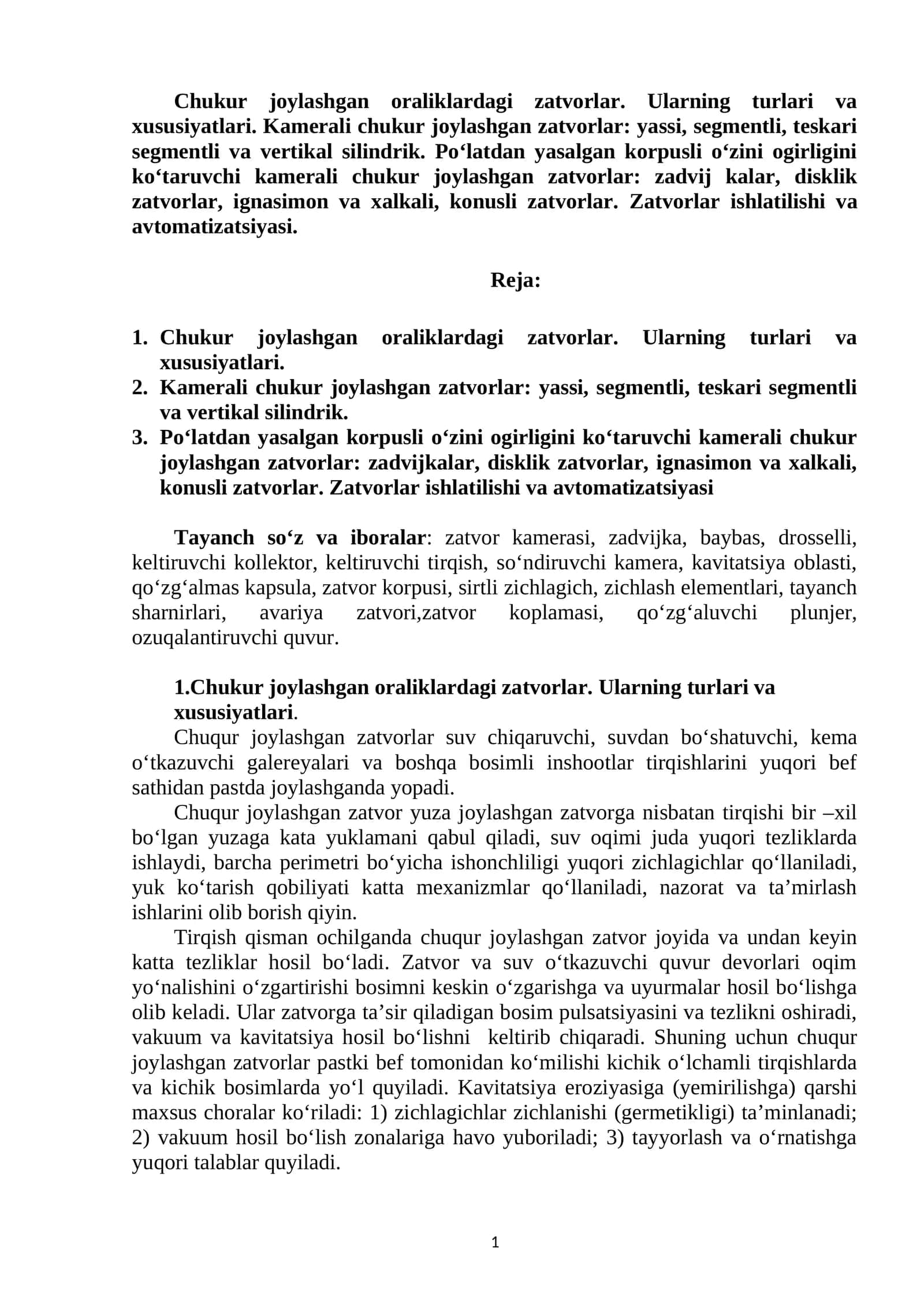 Chukur joylashgan oraliklardagi zatvorlar