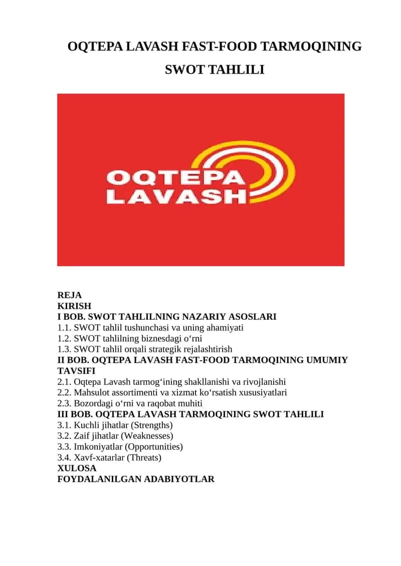 OQTEPA LAVASH FAST-FOOD TARMOQINING SWOT TAHLILI