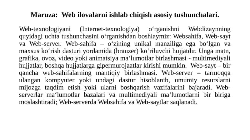 Webilovalarni ishlab chiqish asosiy tushunchalari
