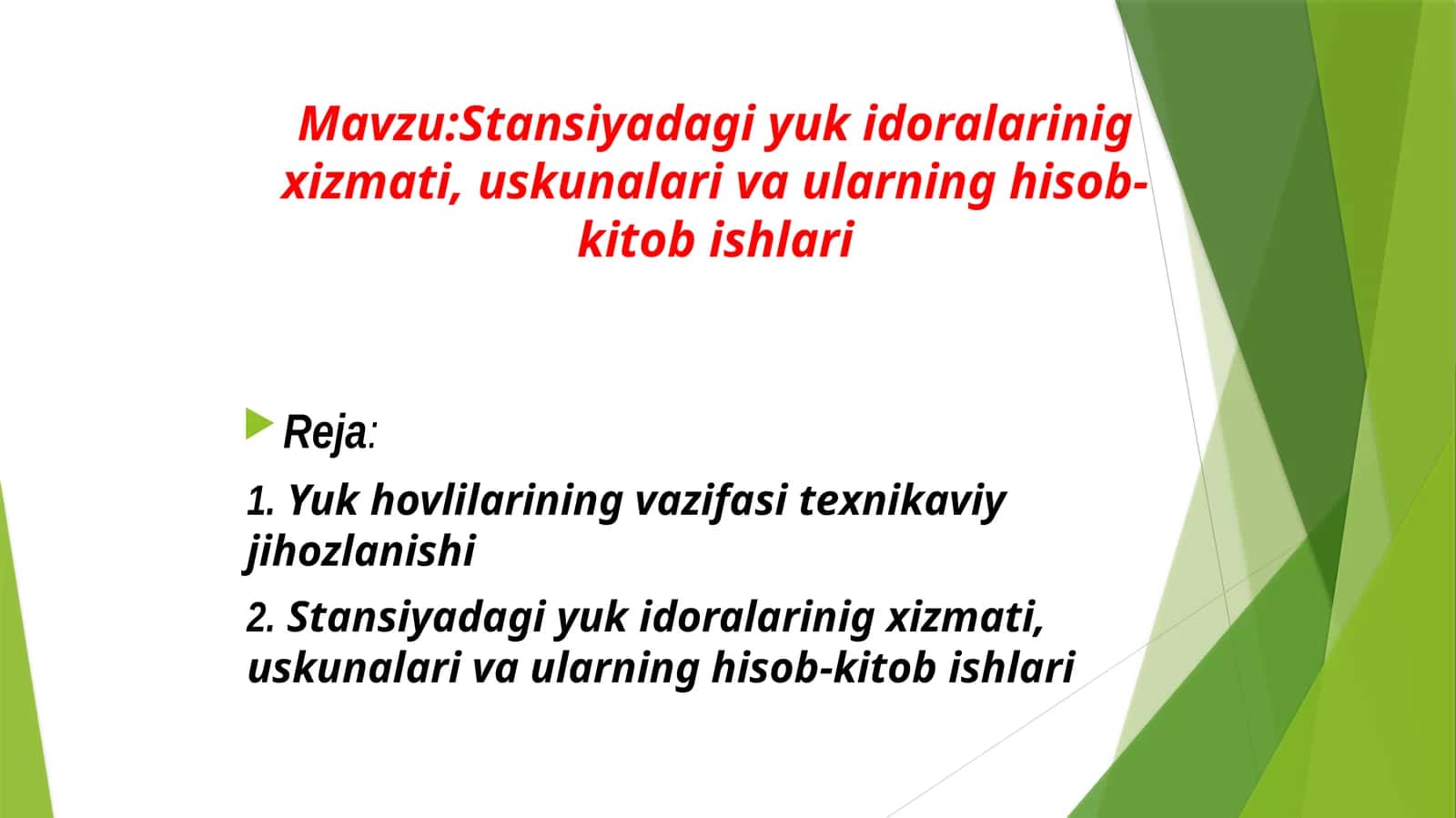 Stansiyadagi yuk idoralarinig xizmati, uskunalari va ularning hisob-kitob ishlari