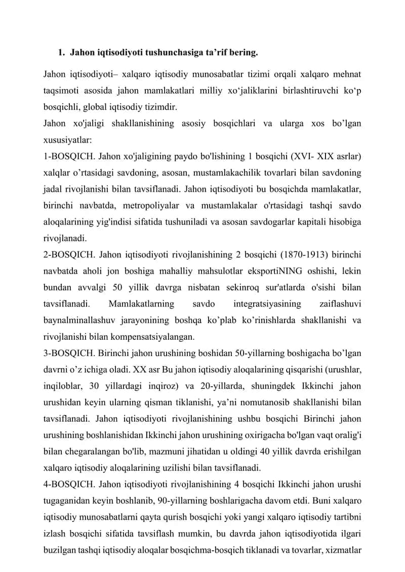 Jahon iqtisodiyoti fanidan savollar toʻplami.