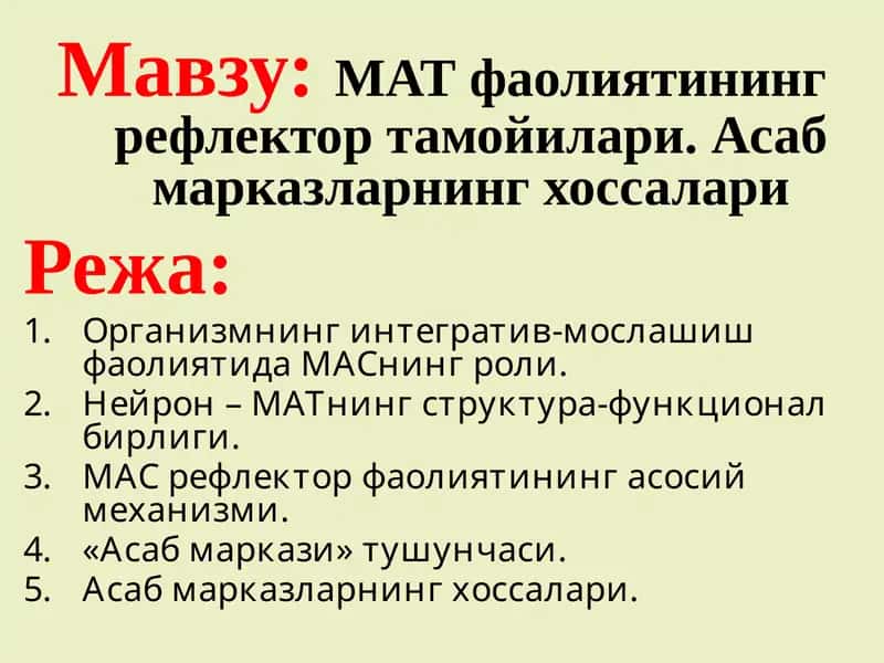 МАТ фаолиятининг рефлектор тамойилари. Асаб марказларнинг хоссалари
