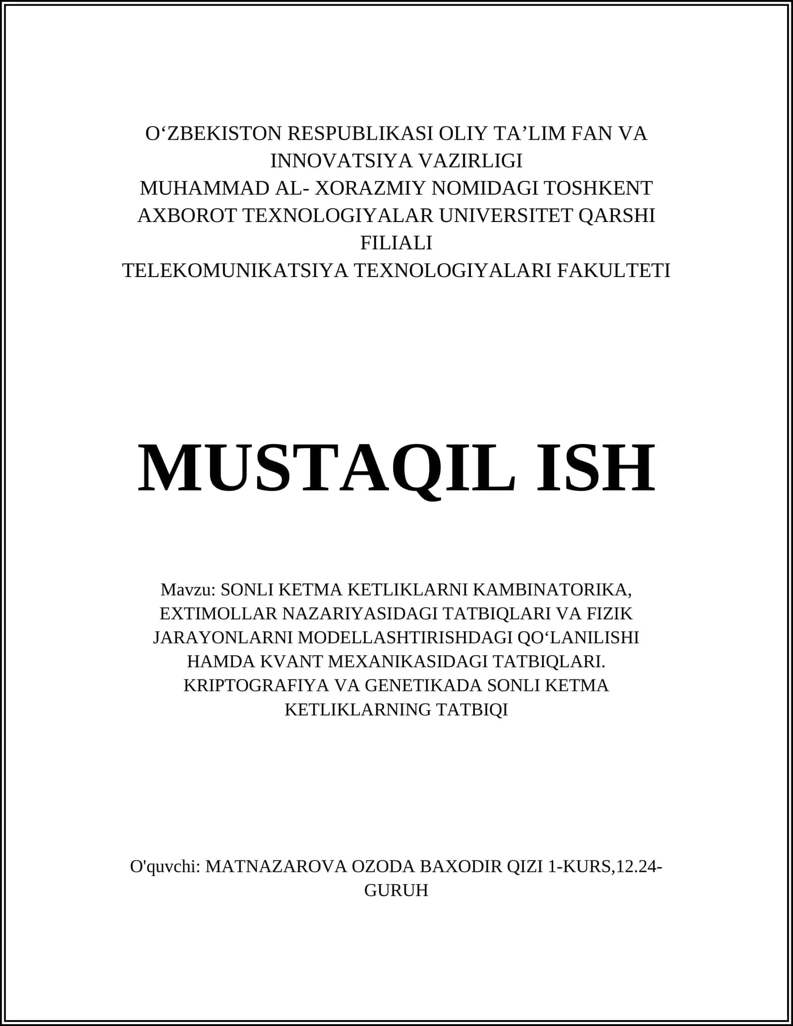 SONLI KETMA KETLIKLARNING TATBIQI