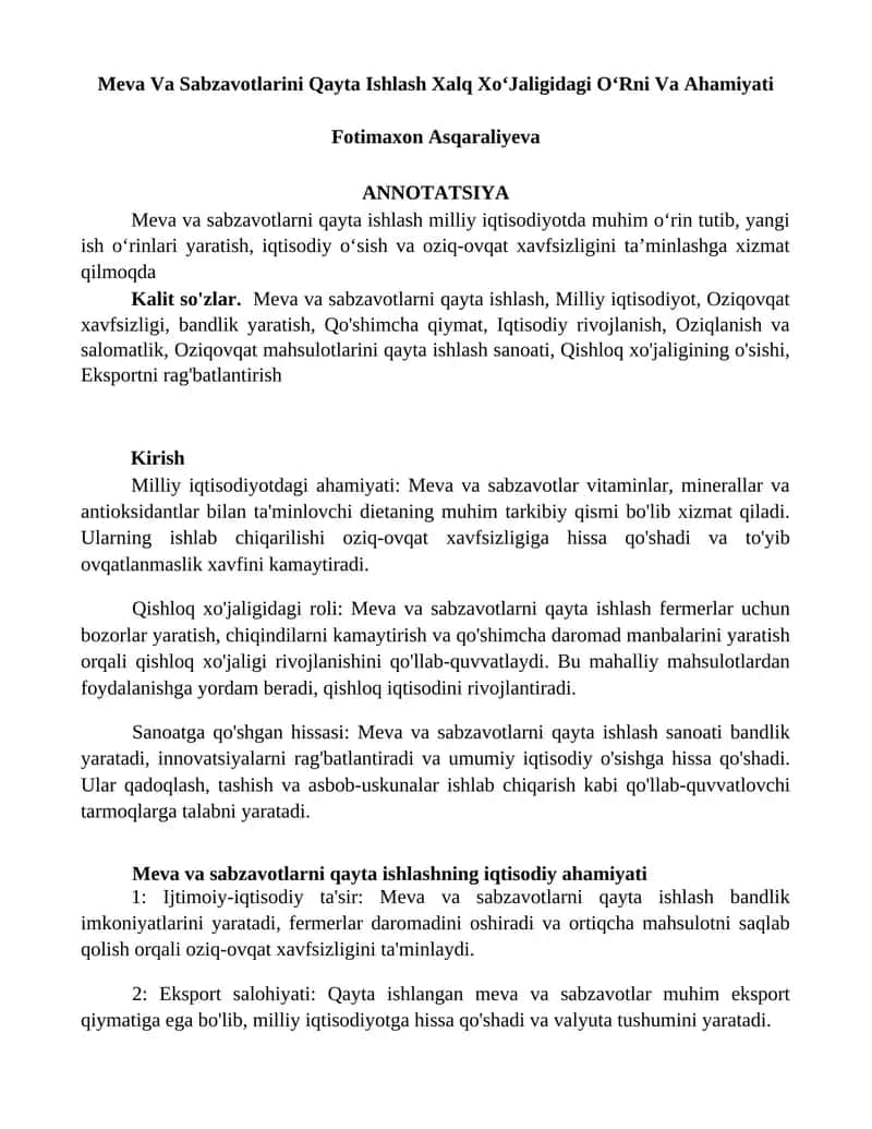 Meva Va Sabzavotlarini Qayta Ishlash Xalq XoʻJaligidagi OʻRni Va Ahamiyati