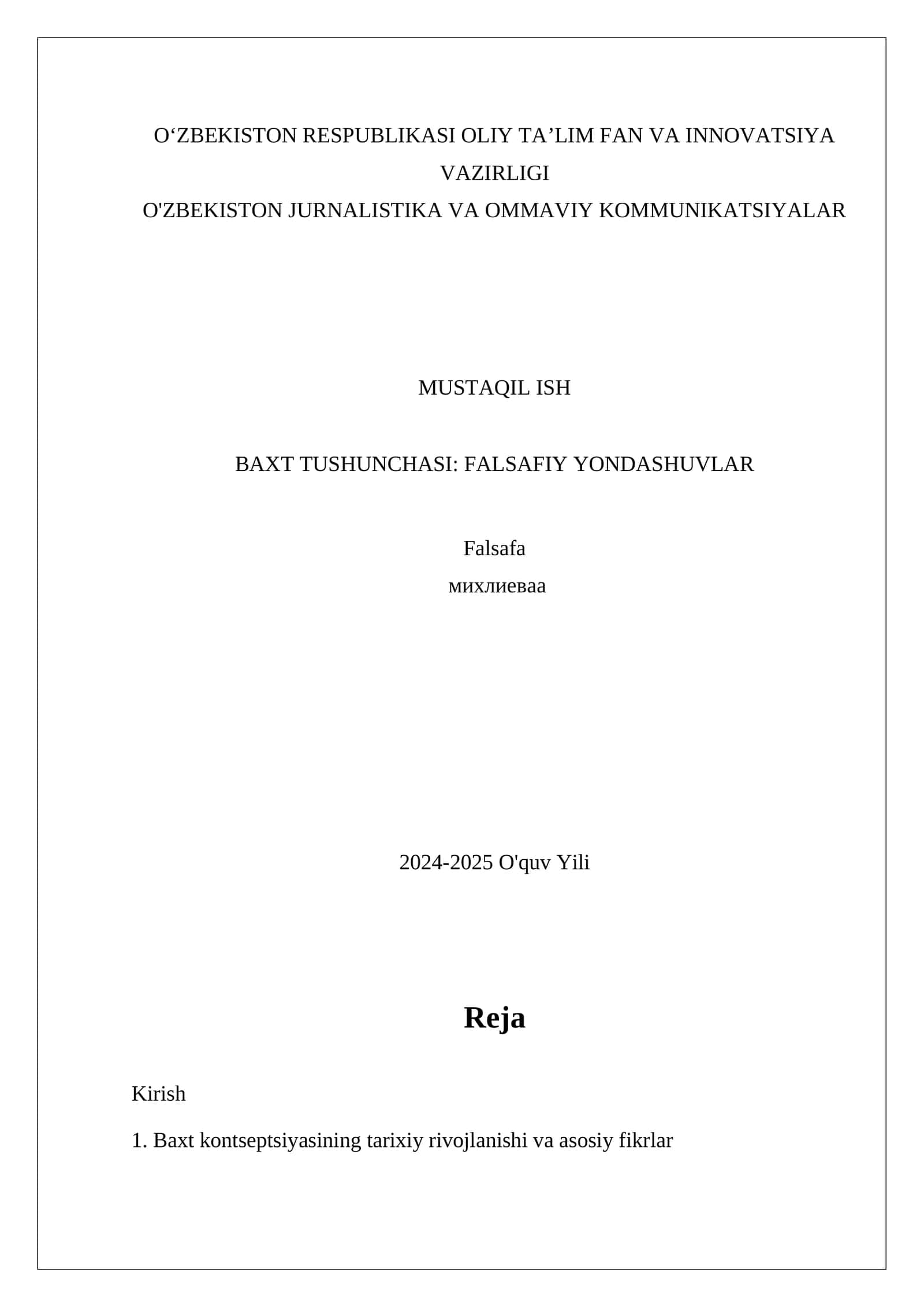 BAXT TUSHUNCHASI: FALSAFIY YONDASHUVLAR