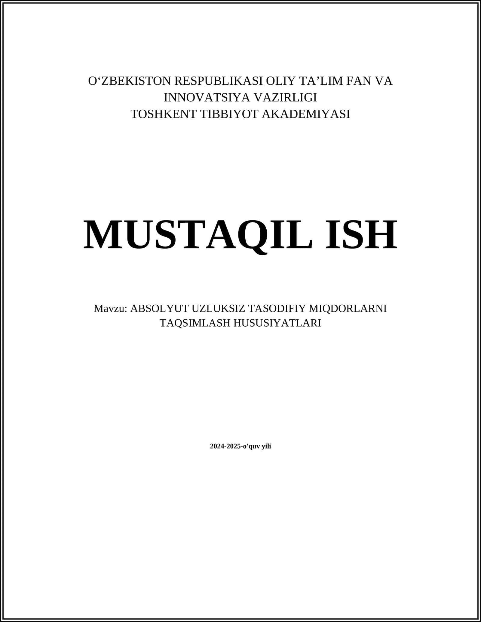 ABSOLYUT UZLUKSIZ TASODIFIY MIQDORLARNI TAQSIMLASH HUSUSIYATLARI