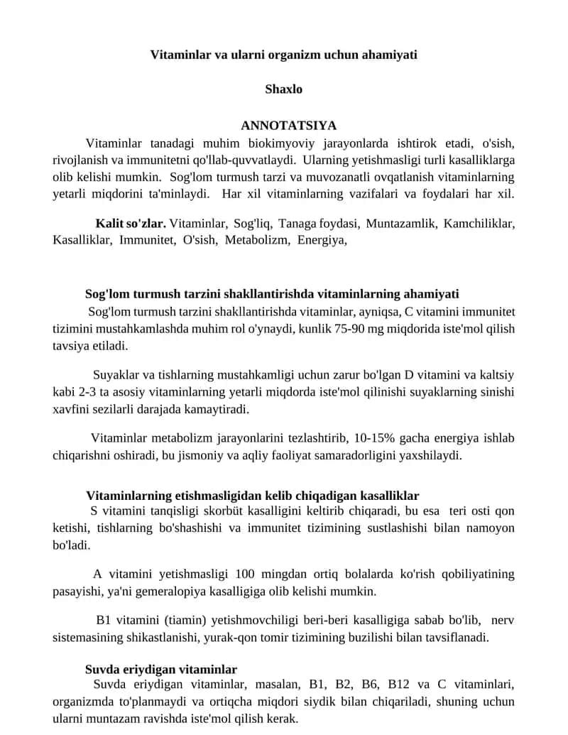 Vitaminlar va ularni organizm uchun ahamiyati