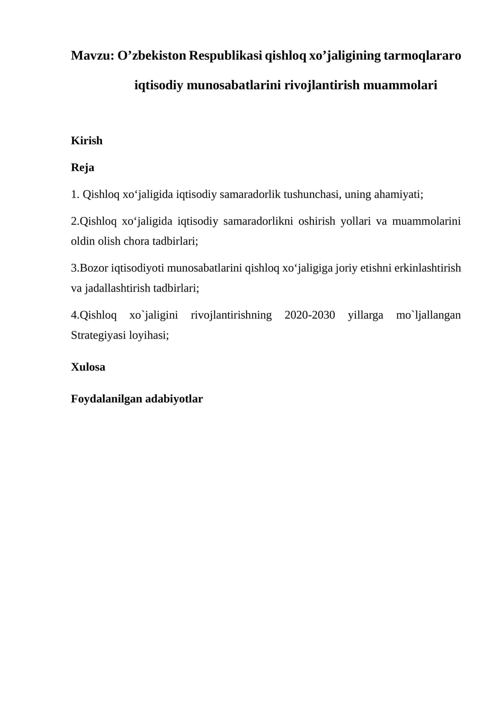 O’zbekiston Respublikasi qishloq xo’jaligining tarmoqlararo iqtisodiy munosabatlarini rivojlantirish muammolari