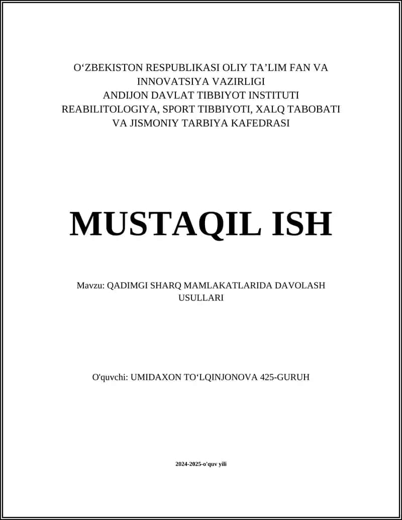 QADIMGI SHARQ MAMLAKATLARIDA DAVOLASH USULLARI