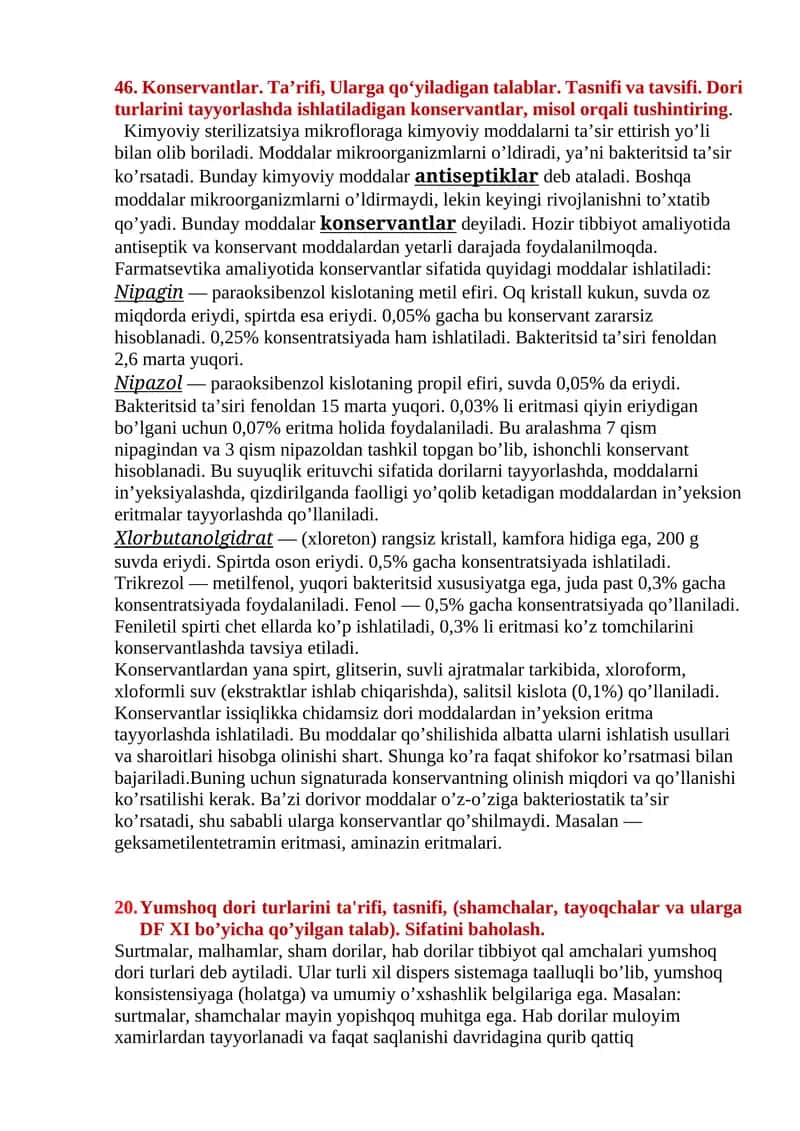 Konservantlar. Ta’rifi, Ularga qo‘yiladigan talablar. Tasnifi va tavsifi. Dori turlarini tayyorlashda ishlatiladigan konservantlar, misol orqali tushintiring