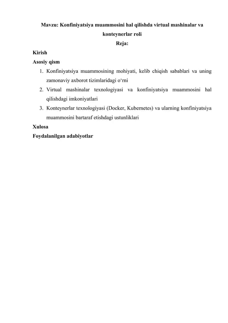 Konfiniyatsiya muammosini hal qilishda virtual mashinalar va konteynerlar roli